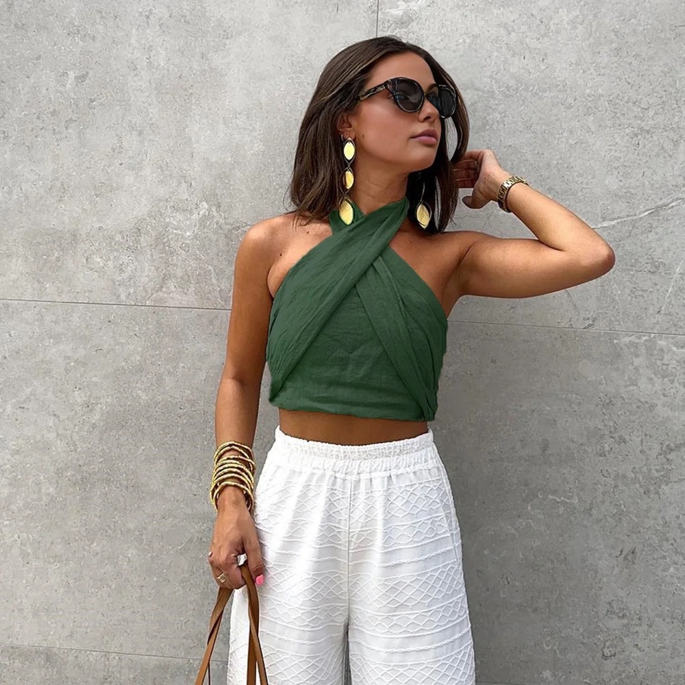 159 Cotton & Line Crisscross Halter Tank Top